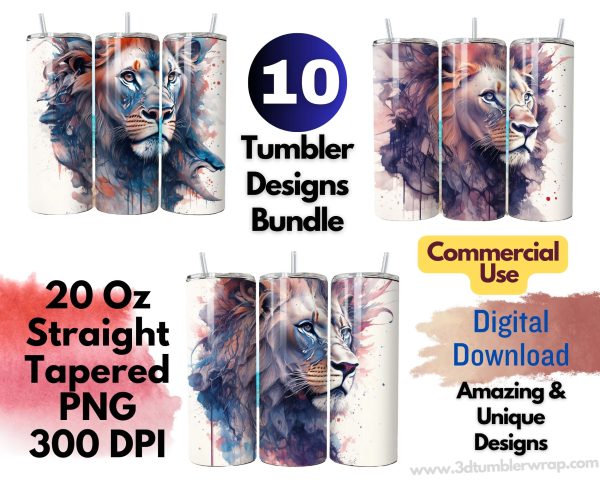 Lion Tumbler Wrap, 10 Lion Tumbler Wrap Design Bundle for Commercial Use, 3D Lion 20 oz Skinny Tumbler Wrap Straight and Tapered Design